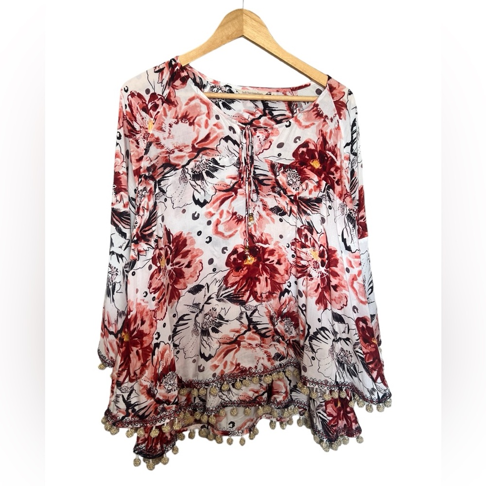 Soft Surroundings Floral Boho Pom Pom Top - Picture 4 of 8